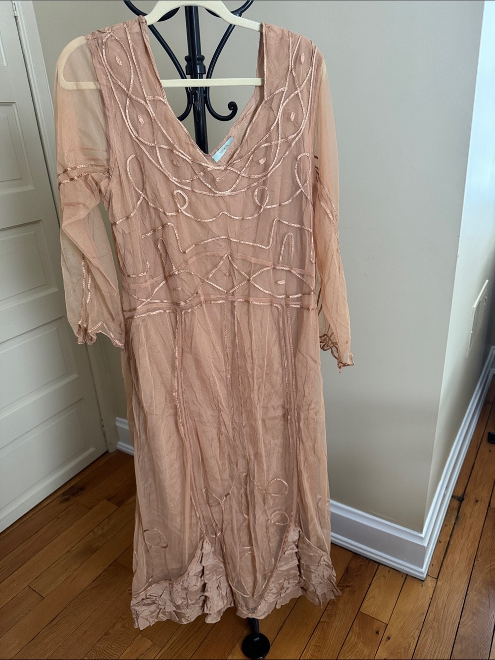 Nataya Blush Beaded Long Sleeve V-Neck Maxi Dress